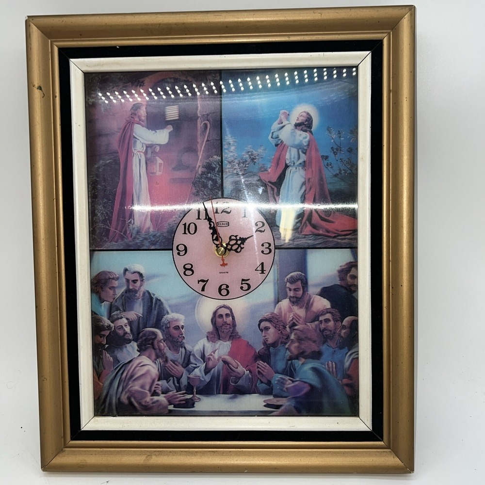 Vtg‎ Eleco Wall Clock Jesus Holographic Framed Last Supper, Door Knock, Praying